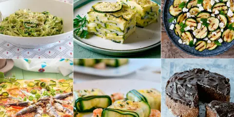 Variedad de recetas con calabacín: espaguetis, lasaña, ensalada a la parrilla, pizza, rollitos y pastel de chocolate.