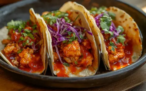 Tres tacos de pollo con salsa roja, repollo morado y cilantro fresco, servidos en un plato oscuro.