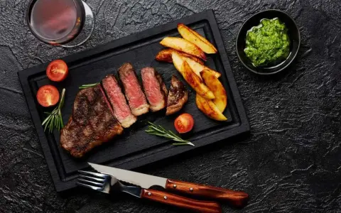 Picaña jugosa, patatas rústicas y salsa verde. Un festín que te transporta a Brasil, de donde es la picaña.