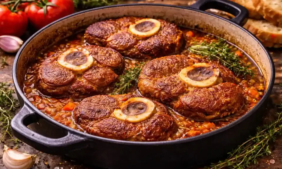 Cuatro rodajas de osobuco cocinándose en una cazuela con verduras y hierbas. El tuétano asoma en el centro de cada corte, revelando de donde sale el osobuco.