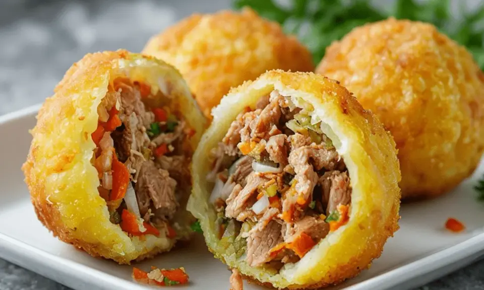 Crujientes patatas rellenas de carne deshebrada y verduras, un bocado delicioso y casero.